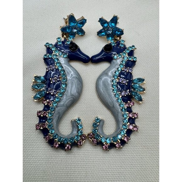 BETSEY JOHNSON BEAUTIFUL BLUE & PINK RHINESTONE SEAHORSE DROP DANGLE EARRINGS - Picture 4 of 6